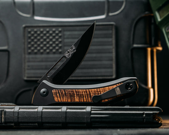 Custom Kwaiken Folder - Hawaiian Curly Koa, Anodized Black Handle, Black Nitride Blade, Textured Grip, Deep Carry Pocket Clip