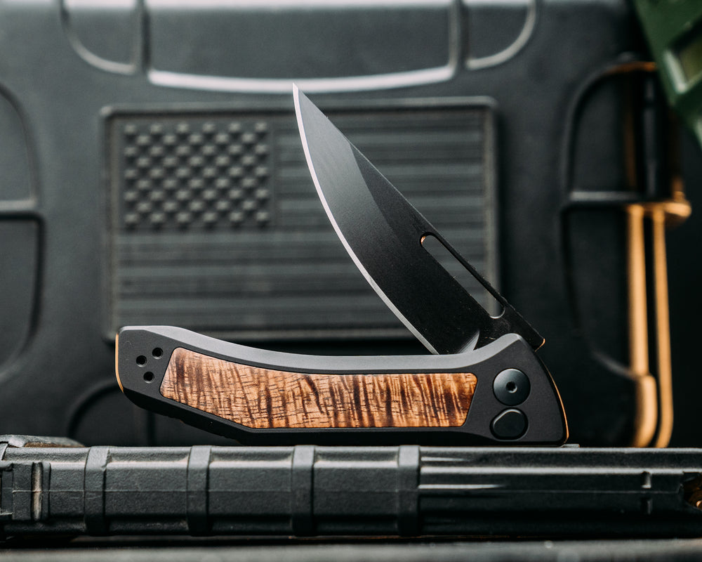 Custom Kwaiken Folder - Hawaiian Curly Koa, Anodized Black Handle, Black Nitride Blade, Textured Grip, Deep Carry Pocket Clip