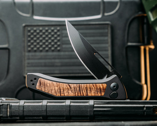 Custom Kwaiken Folder - Hawaiian Curly Koa, Anodized Black Handle, Black Nitride Blade, Textured Grip, Deep Carry Pocket Clip