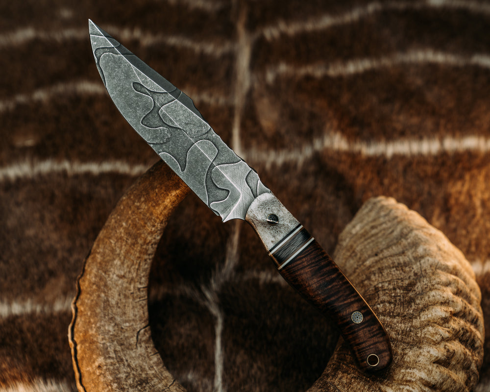 Crow Scout Drop Point - Black, White & Earth G10 Pin Striping, Dark Matter Carbon Split, Hawaiian Curly Koa, Mosaic Pins, Brass Lanyard Pin, Contoured Grip.