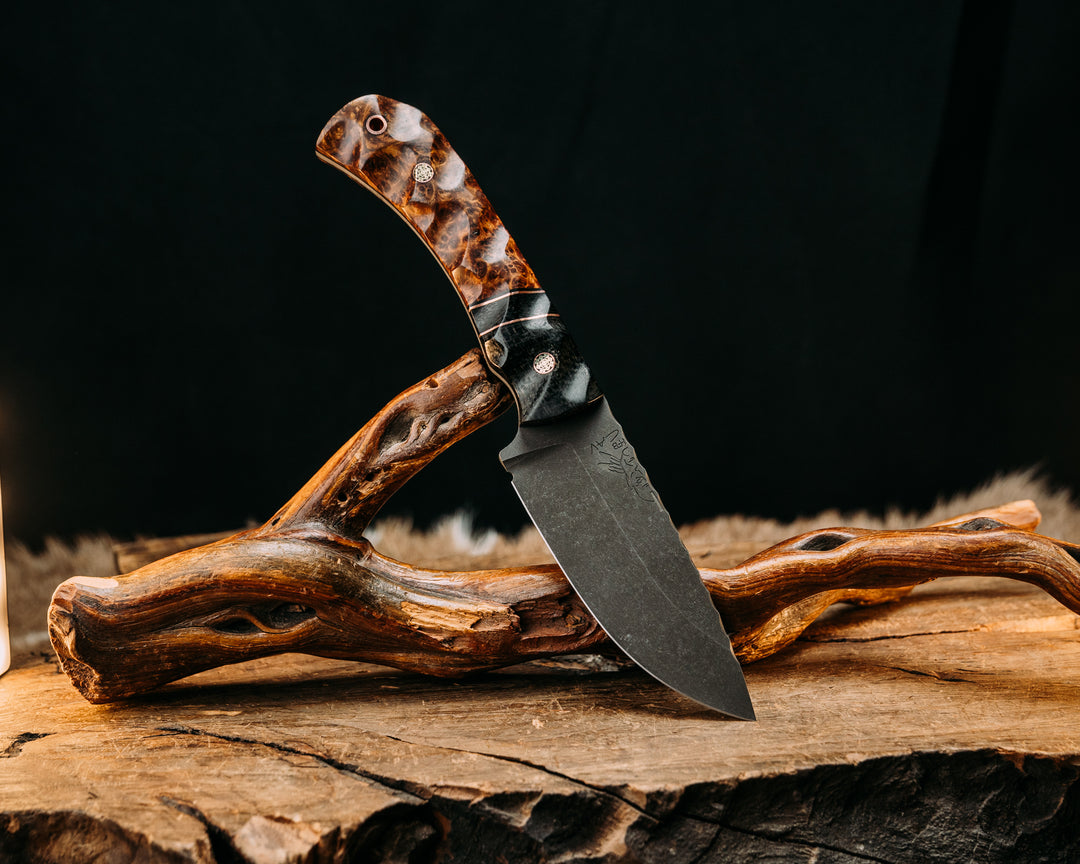 Cavner- Black Burlap Micarta, Black G10 & Copper Pin Striping, Black Burlap Micarta, Black Ash, Mosaic Pins, Textured Grip.