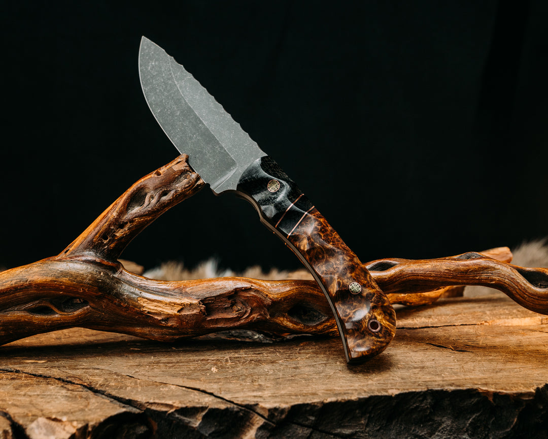 Cavner- Black Burlap Micarta, Black G10 & Copper Pin Striping, Black Burlap Micarta, Black Ash, Mosaic Pins, Textured Grip.