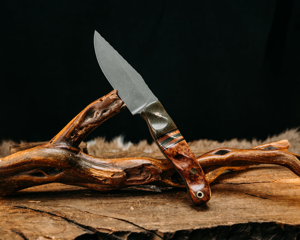 Crow Scalper- OD Green Canvas Micarta, Black G10 & Brass Pin Striping, Amboyna Split, Black Ash, Mosaic Pins, Textured Grip.