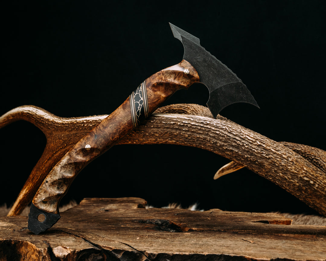 Crescent Hawk- Chechen Caribbean Rosewood, Black G10, Coyote G10 and Brass Pin Striping, Black with Gold Web Tru-stone Split, Mosaic Pins, Textured Grip