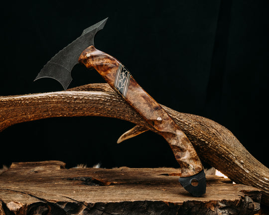 Crescent Hawk- Chechen Caribbean Rosewood, Black G10, Coyote G10 and Brass Pin Striping, Black with Gold Web Tru-stone Split, Mosaic Pins, Textured Grip