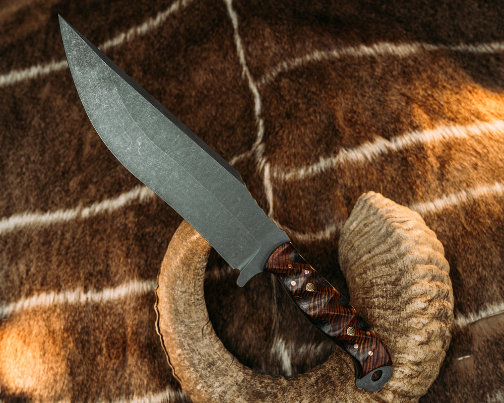 American Bowie - Hawaiian Curly Koa Over Copper Dark Matter, Mosaic Pins, Copper Pins, Textured Grip.