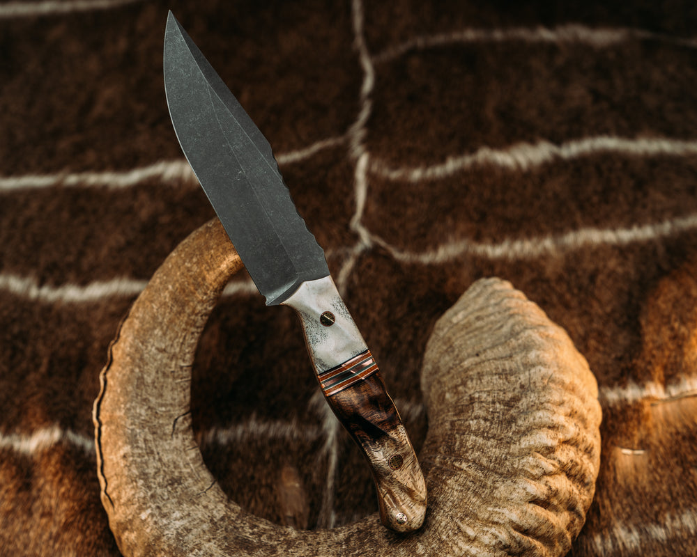 Crow Scout Drop Point - Black, White & Jade G10 w/ Copper & Micarta Split, Hawaiian Koa Curly, Mosaic Pins, Textured Grip.