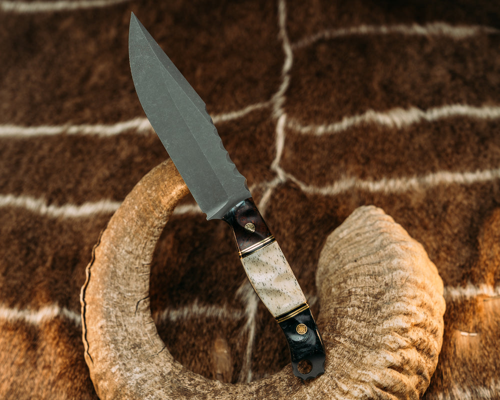 Crow Scout Drop Point - Blue Resin Burl, Brass & G10 Pin Striping, Giraffe Bone, Textured Grip.
