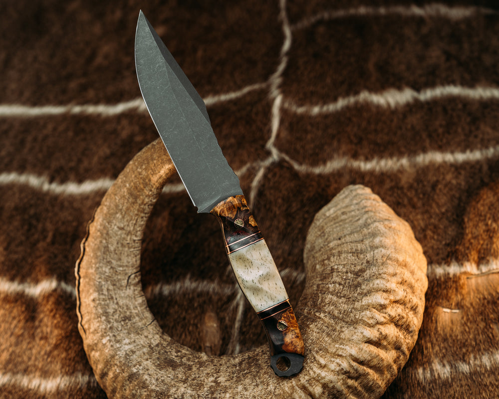 Crow Scout Drop Point - Red Resin Burl, Copper & Black G10 w/ Dark Matter Carbon, Giraffe Bone, Textured Grip.