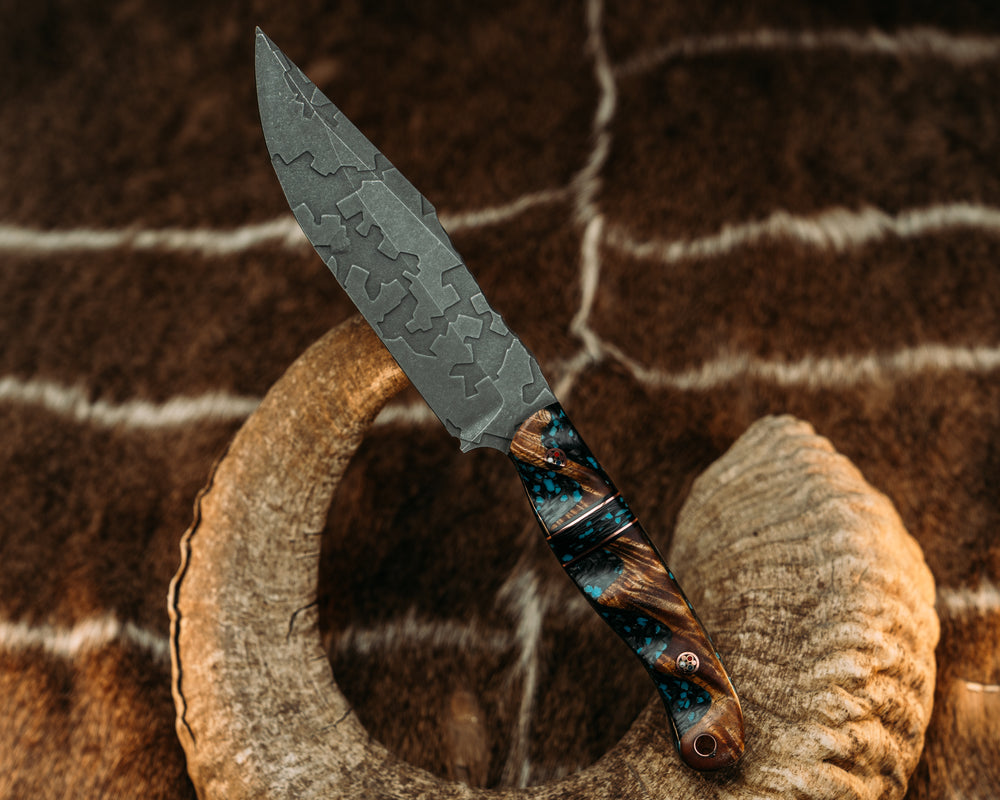 Crow Scout Drop Point - Hawaiian Curly Koa Over RockyWave Turquoise, Black G10 & Copper Split, Carbon RockyWave Split, Patriot Mosaic Pins, Copper Lanyard Pin, Grooved Grip.