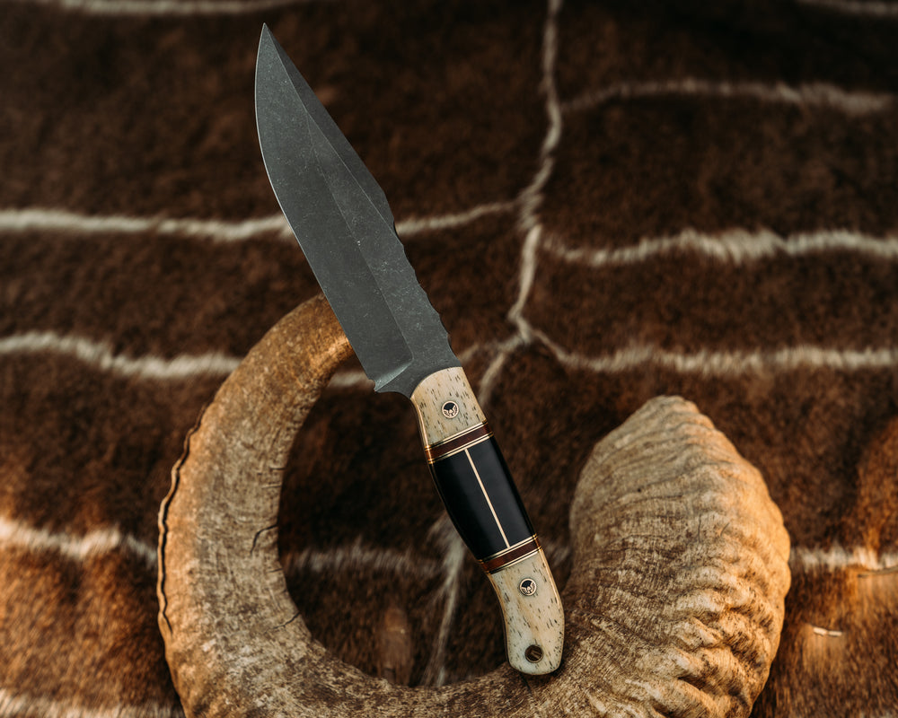 Crow Scout Drop Point - Giraffe Bone, Brass & Black G10 w/ Desert Ironwood Pin Striping, Bison Horn Split, Mosaic Pins, Brass Lanyard Pin, Smooth Grip.