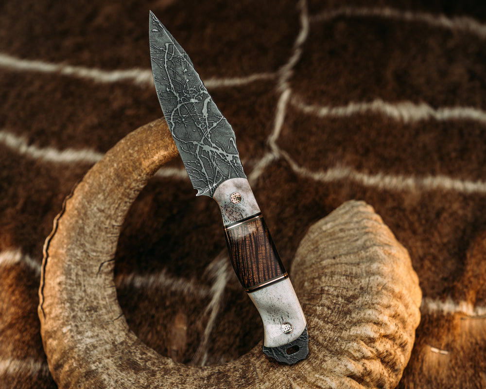 Field Knife - Black & OD Green G10 w/ Copper Pin Striping, Hawaiian Curly Koa Split, Contoured Grip.