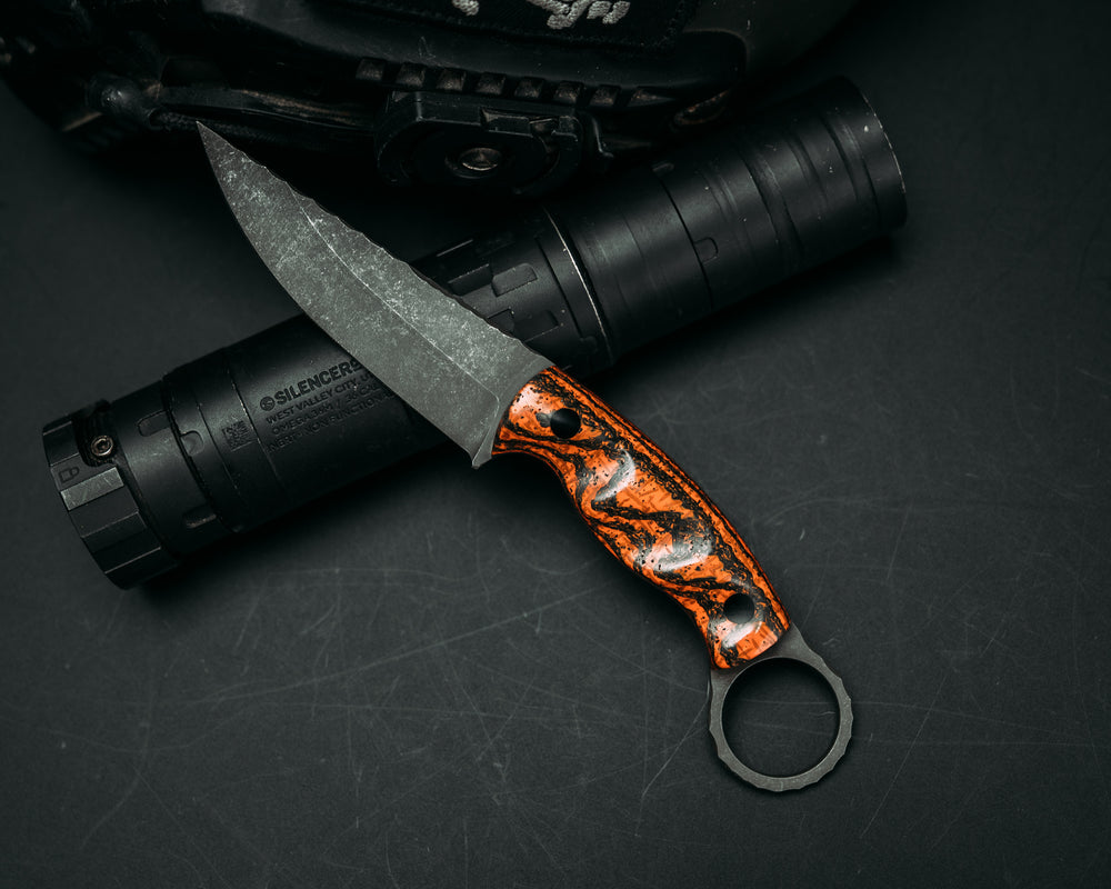 Osoraku 3" Mini - Carbon, Orange Resin, Rubber and Micarta, CF Pins, Grooved Grip