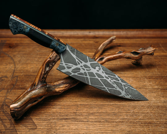 Chef Blade - Hawaiian Curly Koa, Blackn Purple & Jade G10, Brass Pin Striping, Dyed Black ASk Black & Brass Pin Striping, Purple Heart Split, Brass Pins, Smooth grip.