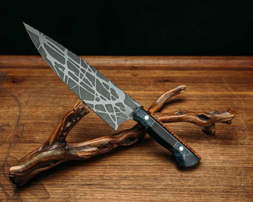 Chef Blade - Hawaiian Curly Koa, Blackn Purple & Jade G10, Brass Pin Striping, Dyed Black ASk Black & Brass Pin Striping, Purple Heart Split, Brass Pins, Smooth grip.
