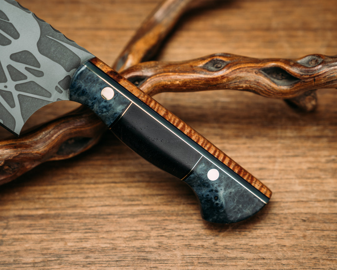 Chef Blade - Hawaiian Curly Koa, Blackn Purple & Jade G10, Brass Pin Striping, Dyed Black ASk Black & Brass Pin Striping, Purple Heart Split, Brass Pins, Smooth grip.