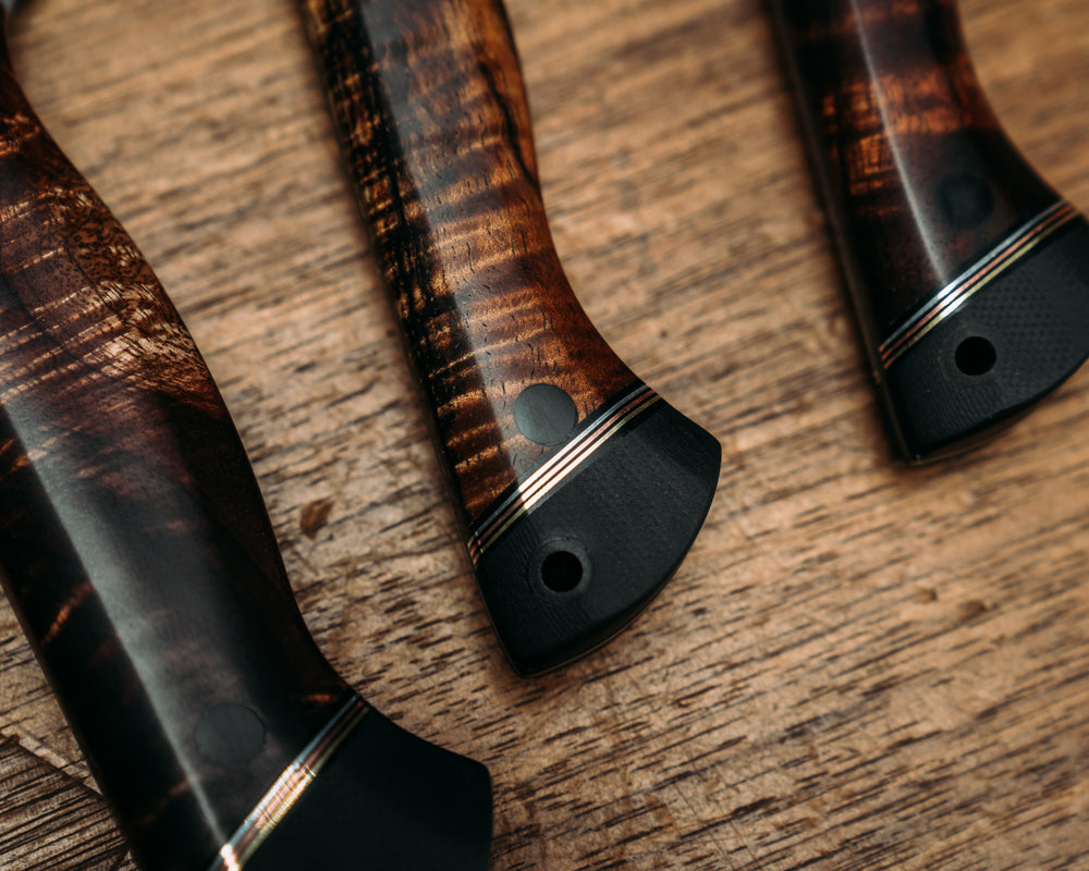 3-Piece Chef Set - Hawaiian Curly Koa, Black G10 Pin Striping, Aluminum, Copper & Brass SPlit, Black G10, CF Pins, Smooth Grip.