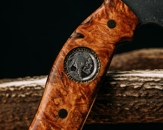 Crescent Hawk- Amboyna Burl, 1937 ATX Engraving Skull Buffalo Nickel Over Stippled Brass Inlay, Mosaic Pins, Smooth Grip