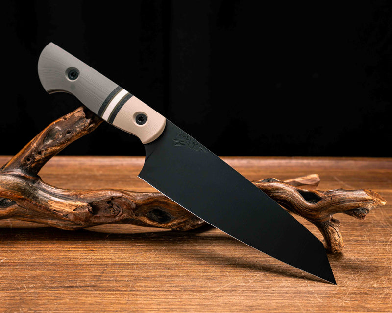 Santoku- Desert Tan G10, Black Canvas Micarta, OD Green G10 and White G10 Split, Grey G10, Armor Black Cerakote, Allen Bolts, Smooth Grip