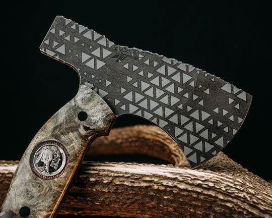 Camp Hatchet- Buckeye Burl, 1937 ATX Engraving Skull Buffalo Nickel and Stippled Copper Inlay, CF Pins, Black G10 and Aluminum Liner, Smooth Grip