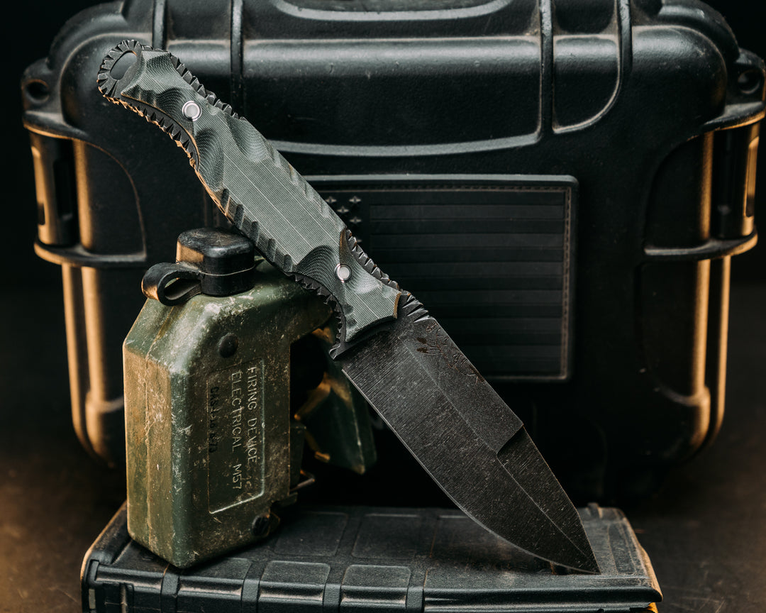 Hog Hunt- Real LBT MAS Grey Nyco Micarta, Old School Rock Work, Jimping, Glow Pins, Textured Grip
