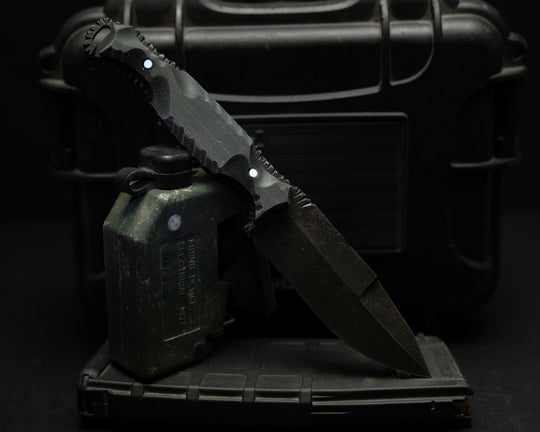 Hog Hunt- Real LBT MAS Grey Nyco Micarta, Old School Rock Work, Jimping, Glow Pins, Textured Grip