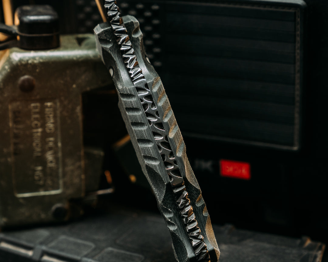 Hog Hunt- Real LBT MAS Grey Nyco Micarta, Old School Rock Work, Jimping, Glow Pins, Textured Grip