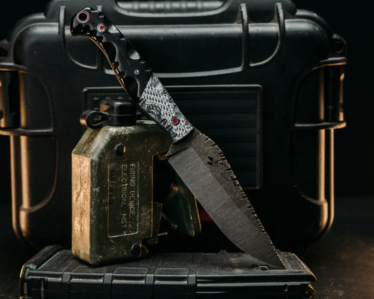 Crow Pre-Jay- Silver Carbon, Ancient Bog Oak, Mosaic Pins, 1/8" Patriot Mosaic Pins, SS and Red Resin Lanyard Pin, Textured Grip