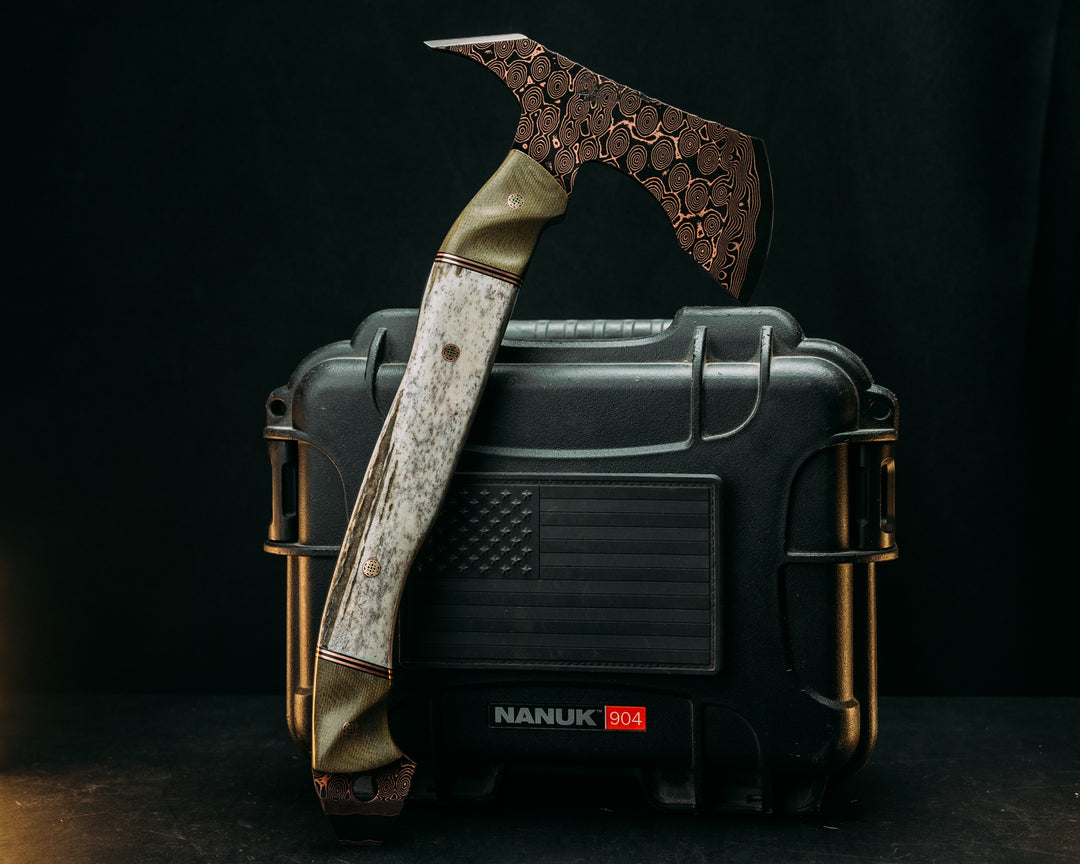 Recce Alpha Hawk- Baker Forge Raindrop CopperMai- Olive Green Canvas Micarta, Black G10 and Copper Pin Striping, Elk Antler Split, Mosaic Pins, Textured Grip