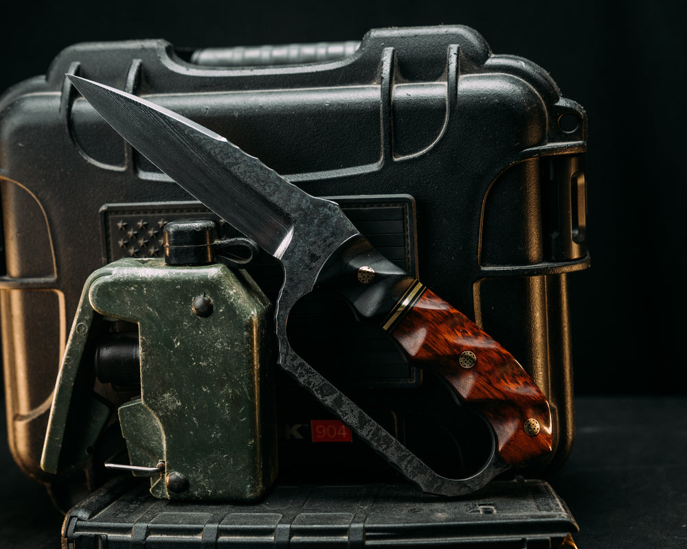 Trench Knife- Baker Forge Random Pattern Damascus- Ebony Wood, Black G10, Coyote G10 and Brass Split, Snakewood, Mosaic Pins, Textured Grip