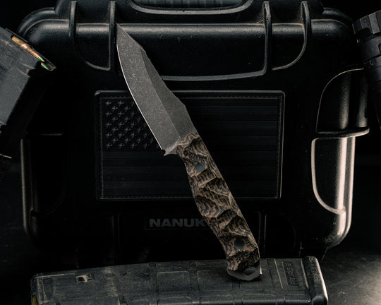 Field Knife Jr- Mossy Oak Burlap Micarta, CF Pins, Textured Grip