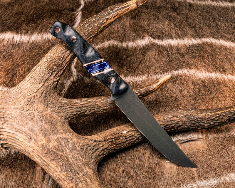 Crow Breakdown- Dyed Buckeye Burl, Black G10, Coyote G10, White G10, Copper and Aluminum Pin Striping, Sodalite Tru-stone Split, Patriot Mosaic Pins, Copper Lanyard Pins, Textured Grip