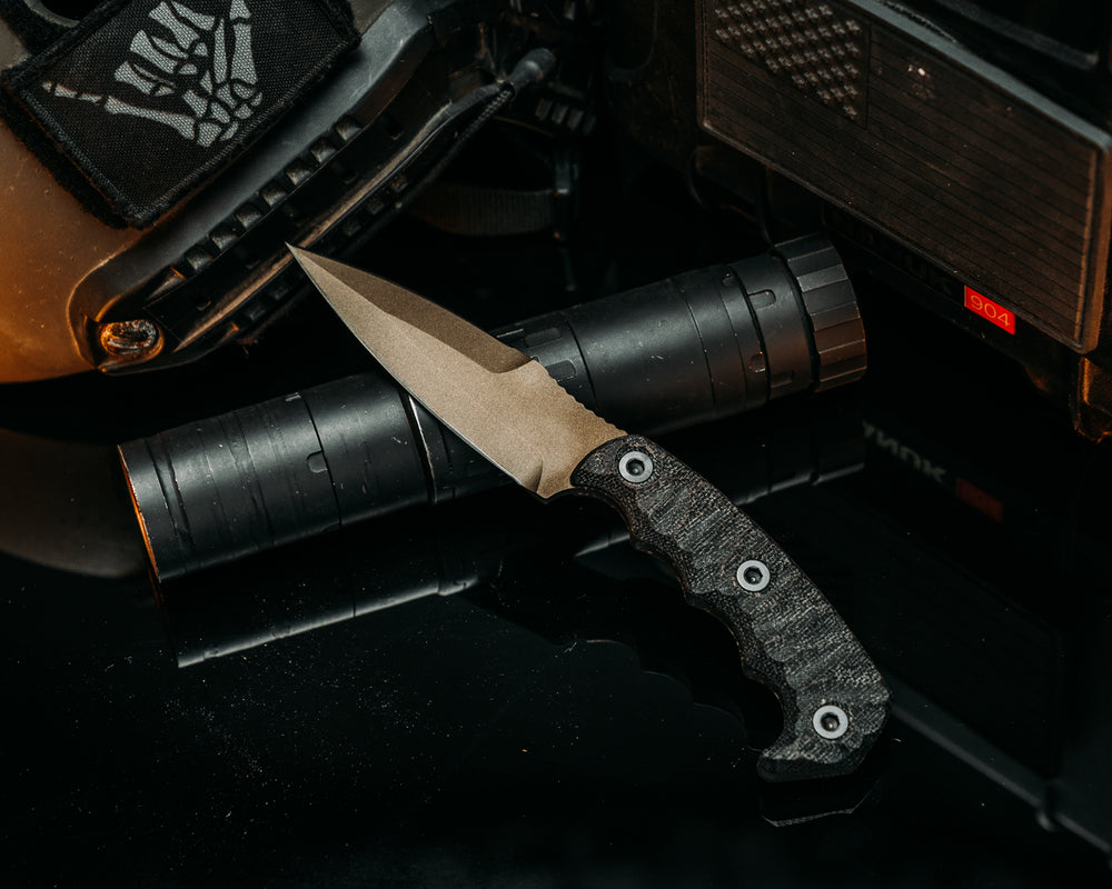 4"  HUMINT - Black Canvas Micarta, Midnight Bronze Cerakote,  Allen Bolts, Chaos Grip