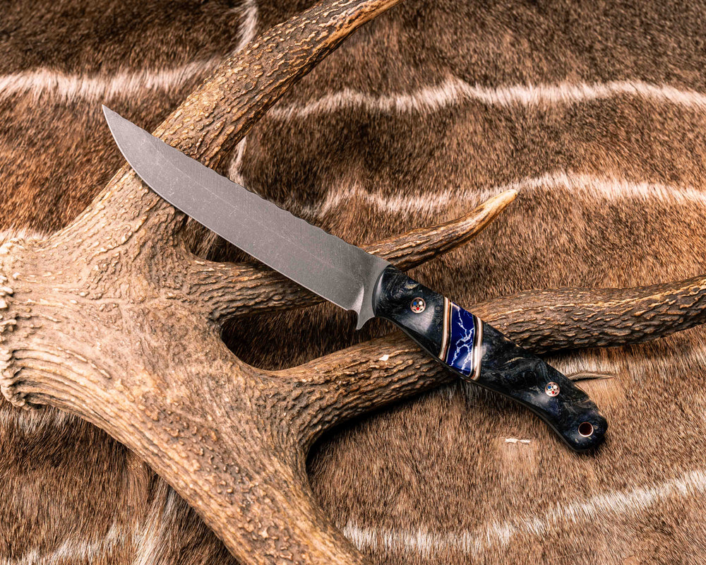 Crow Breakdown- Dyed Buckeye Burl, Black G10, Coyote G10, White G10, Copper and Aluminum Pin Striping, Sodalite Tru-stone Split, Patriot Mosaic Pins, Copper Lanyard Pins, Textured Grip