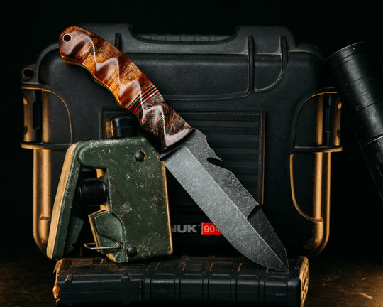 Notched Wire Cutter Breacher Gen 3 - Dark Matter Copper Carbon Fiber, Black & Red G10 Pin Striping, Brass & Copper Splits, Hawaiian Curly Koa, Mosaic Pins, Copper Lanyard Pin, Textured Grip.