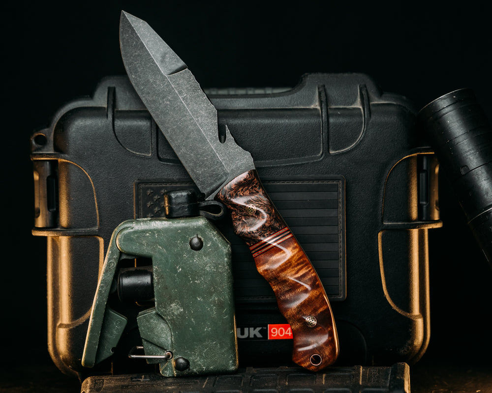 Notched Wire Cutter Breacher Gen 3 - Dark Matter Copper Carbon Fiber, Black & Red G10 Pin Striping, Brass & Copper Splits, Hawaiian Curly Koa, Mosaic Pins, Copper Lanyard Pin, Textured Grip.