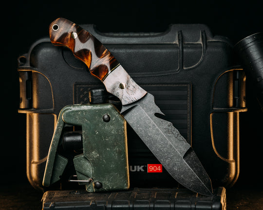Notched Wire Cutter Breacher Gen 3 - Elk Antler, Black G10 & Brass Split, Hawaiian Curly Koa, Mosaic Pins, Brass Lanyard, Textured Grip.