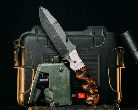 Notched Wire Cutter Breacher Gen 3 - Elk Antler, Black G10 & Brass Split, Hawaiian Curly Koa, Mosaic Pins, Brass Lanyard, Textured Grip.