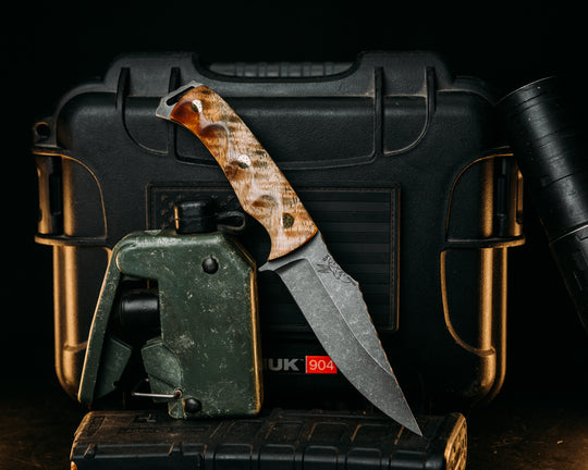 Tosahwi - Hawaiian Curly Koa, Mosaic Pins, Textured Grip.