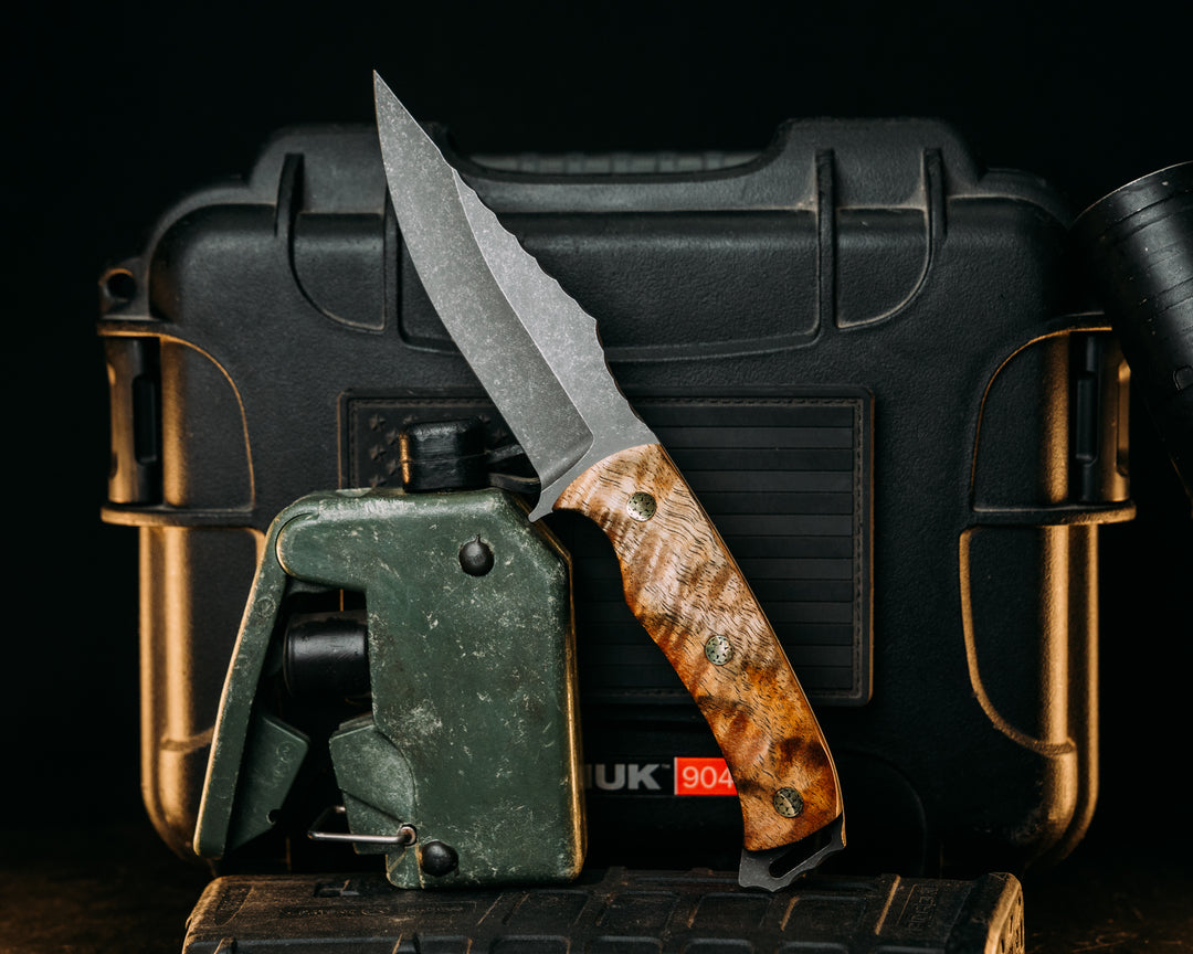 Tosahwi - Hawaiian Curly Koa, Mosaic Pins, Textured Grip.