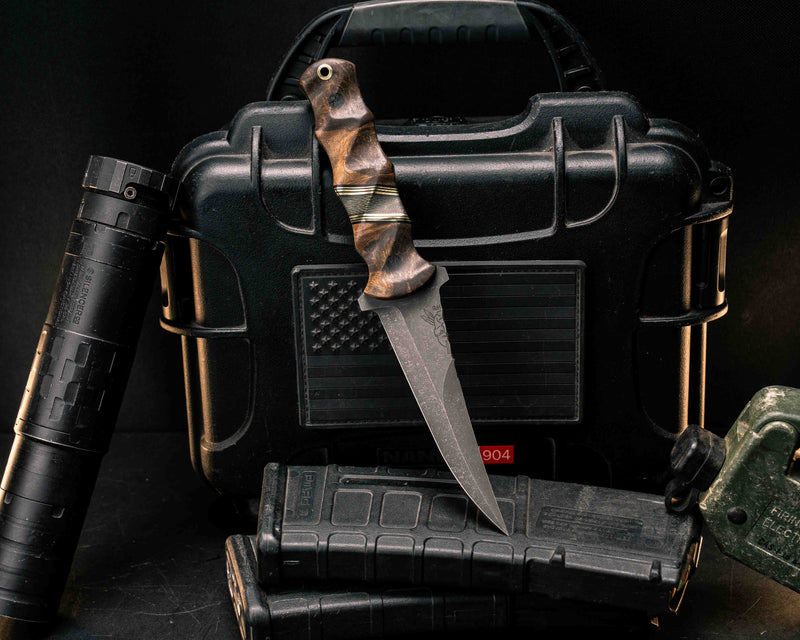 Combat Filet- Teak, Black G10, Brass and OD Green Canvas Micarta Split, Black Micarta Pins, Brass Lanyard Pin, Textured Grip