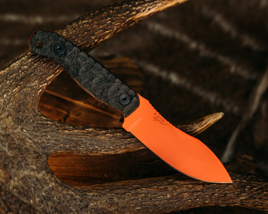 Skinner Jr- Black Canvas Micarta, Hunter Orange Cerakote, Allen Bolts, Chaos Grip