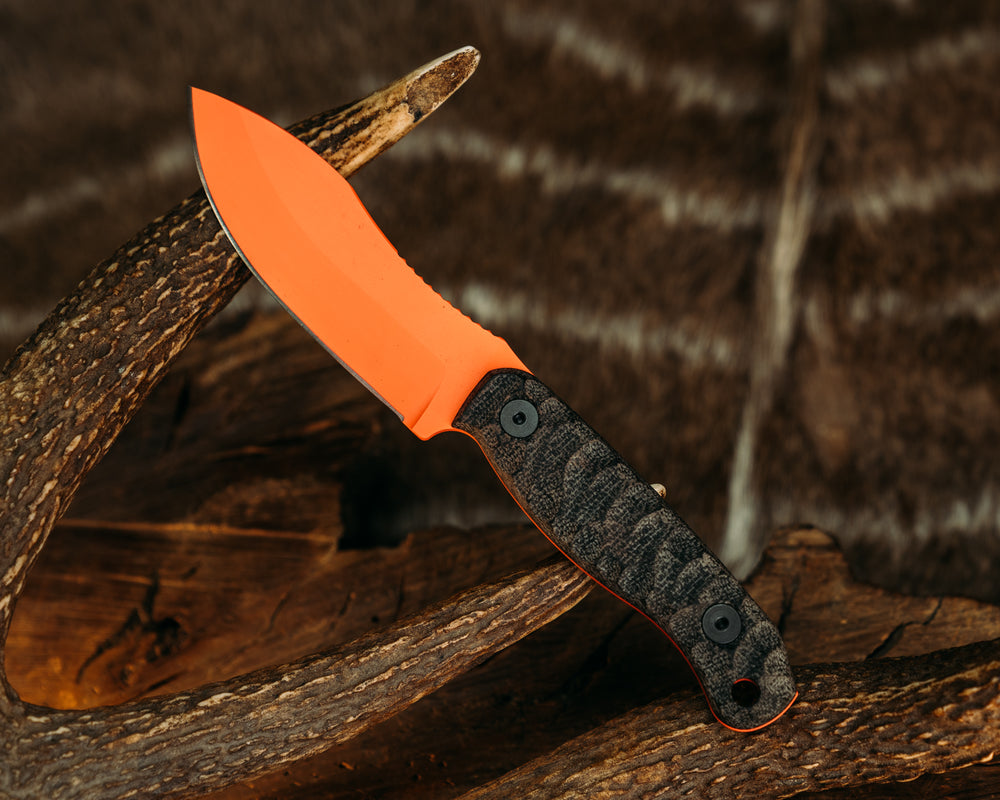 Skinner Jr- Black Canvas Micarta, Hunter Orange Cerakote, Allen Bolts, Chaos Grip
