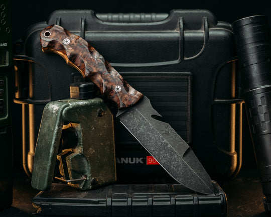Notched Wire Cutter Breacher Gen 3- Honduran Mahogany, Mosaic Pins, Copper Lanyard Pin, Textured Grip