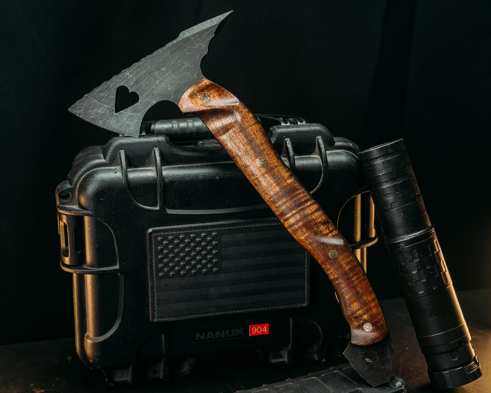 Bleeding Heart Hawk- Hawaiian Curly Koa, Mosaic Pins, Textured Grip.