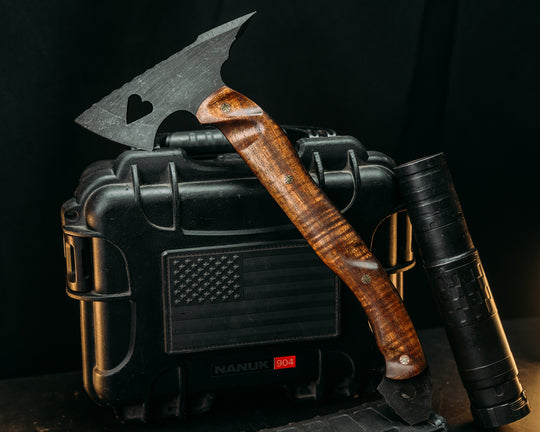 Bleeding Heart Hawk- Hawaiian Curly Koa, Mosaic Pins, Textured Grip.