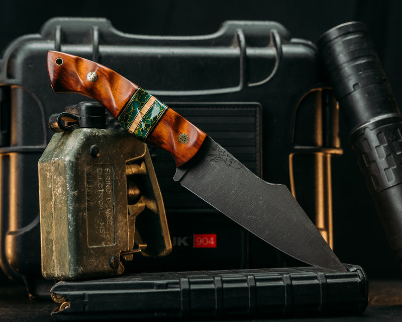 Widow Maker- Snake Wood, Black & Brass Pin Striping, Arixona Jad Tru Stone & Curly Mango Splits, Mosaic Pins, Brass Lanyard Pin, Textured Grip.