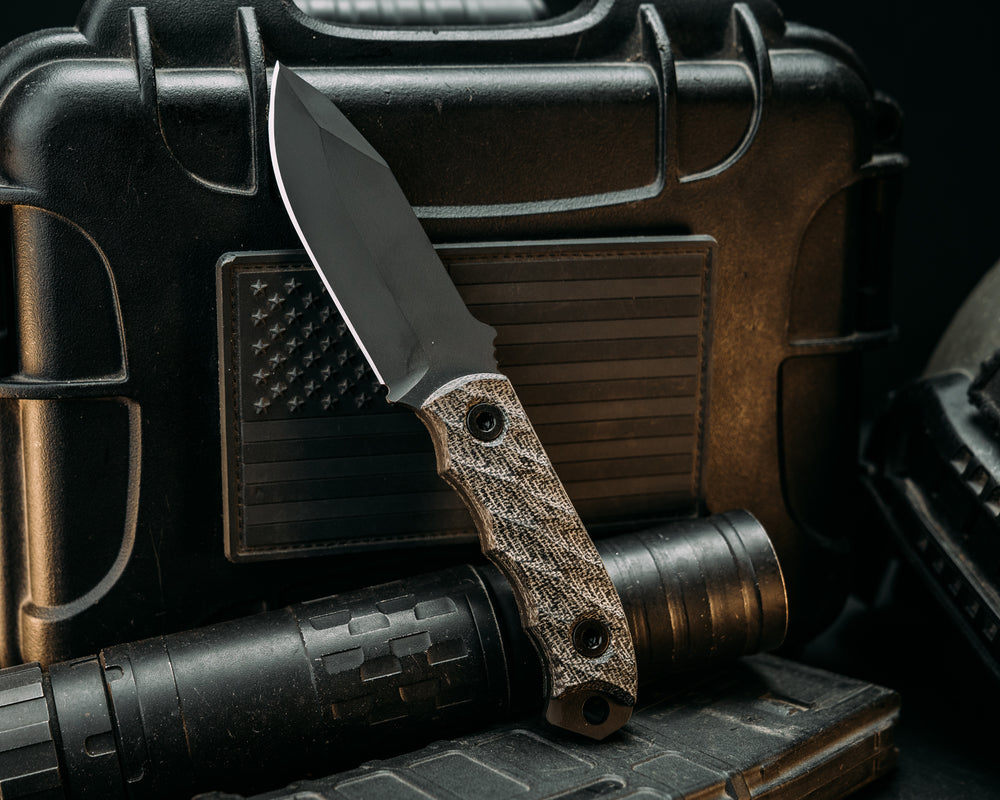 Disaster Cub- Black Canvas Micarta, Armor Black Cerakote, Allen Bolts, Textured Grip