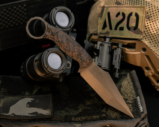 Ringed Tac Tanto- Black/Red Burlap Micarta, CF Pins, Chaos Grip