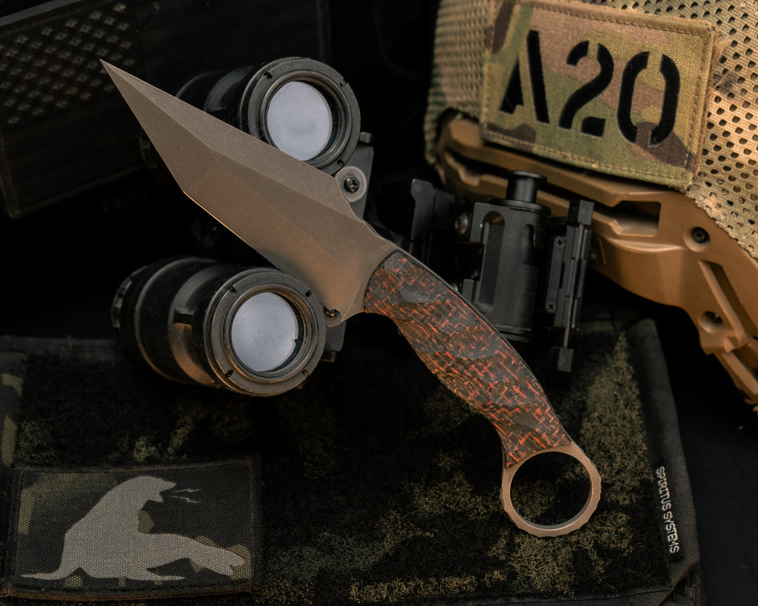 Ringed Tac Tanto- Black/Red Burlap Micarta, CF Pins, Chaos Grip